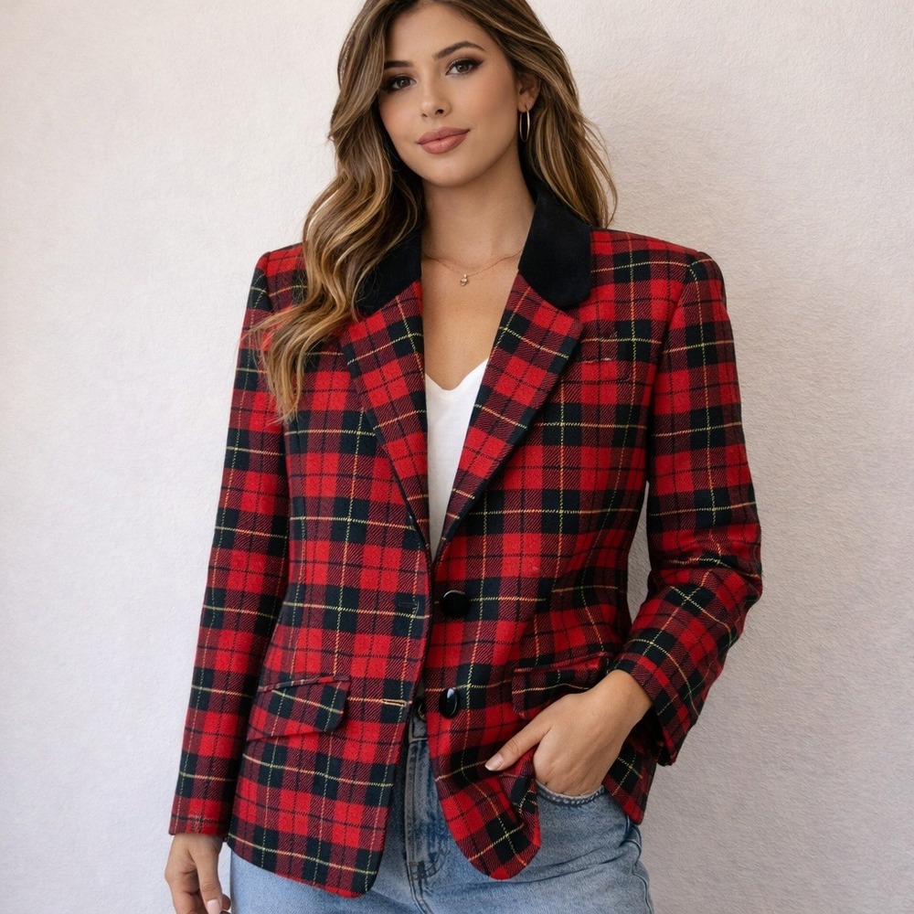 Pendleton Red Black Plaid Blazer with Gold Accents